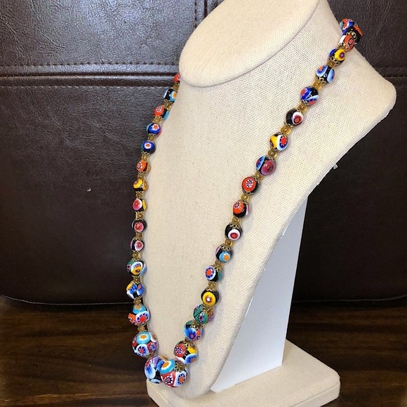 VINTAGE Graduated Millefiori Italian Hand Blown Glass Bead Necklace 22” - Picture 8 of 12